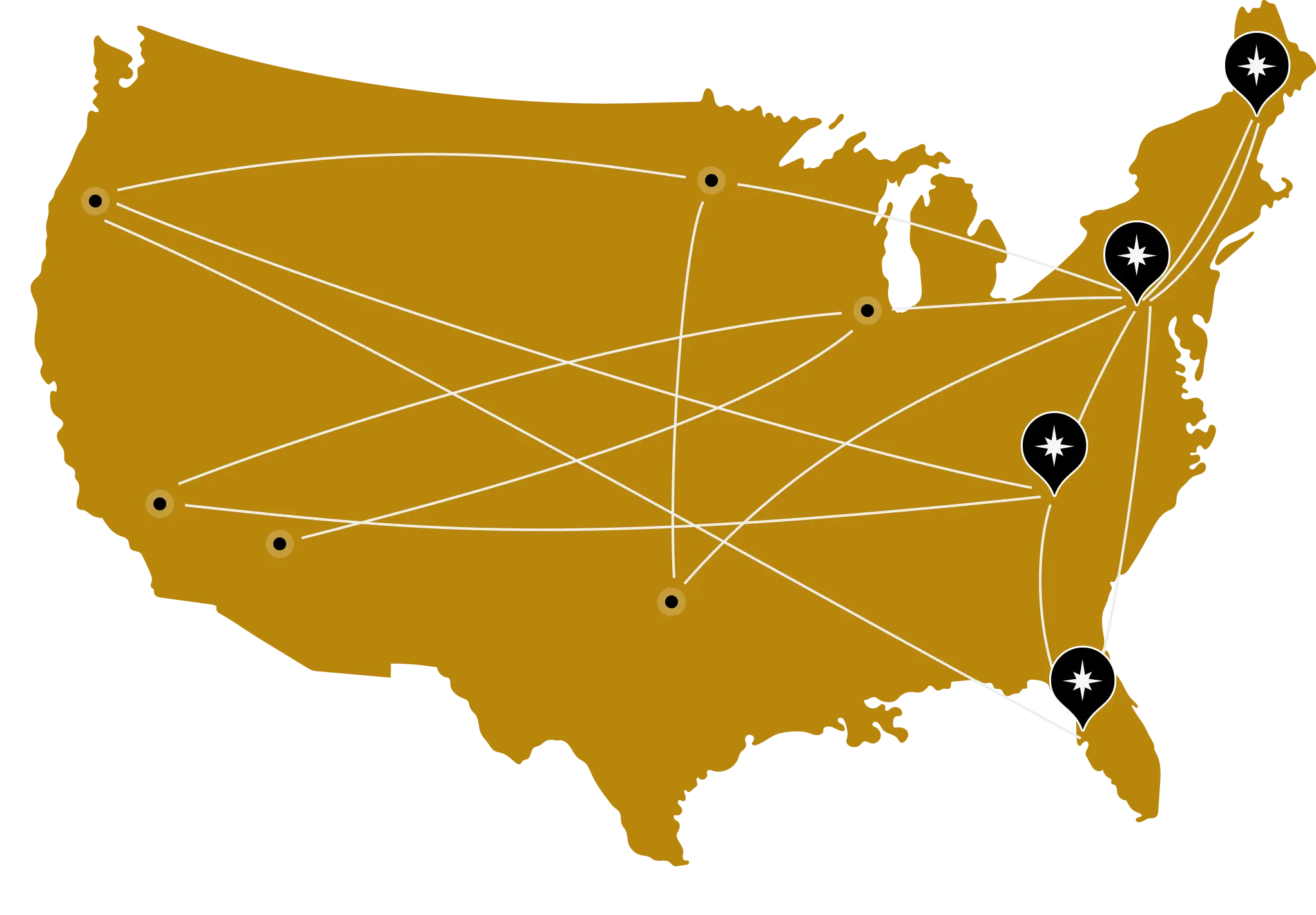 A map of the United States with several cities marked, connected by white lines showing travel routes; some cities are highlighted with star icons.