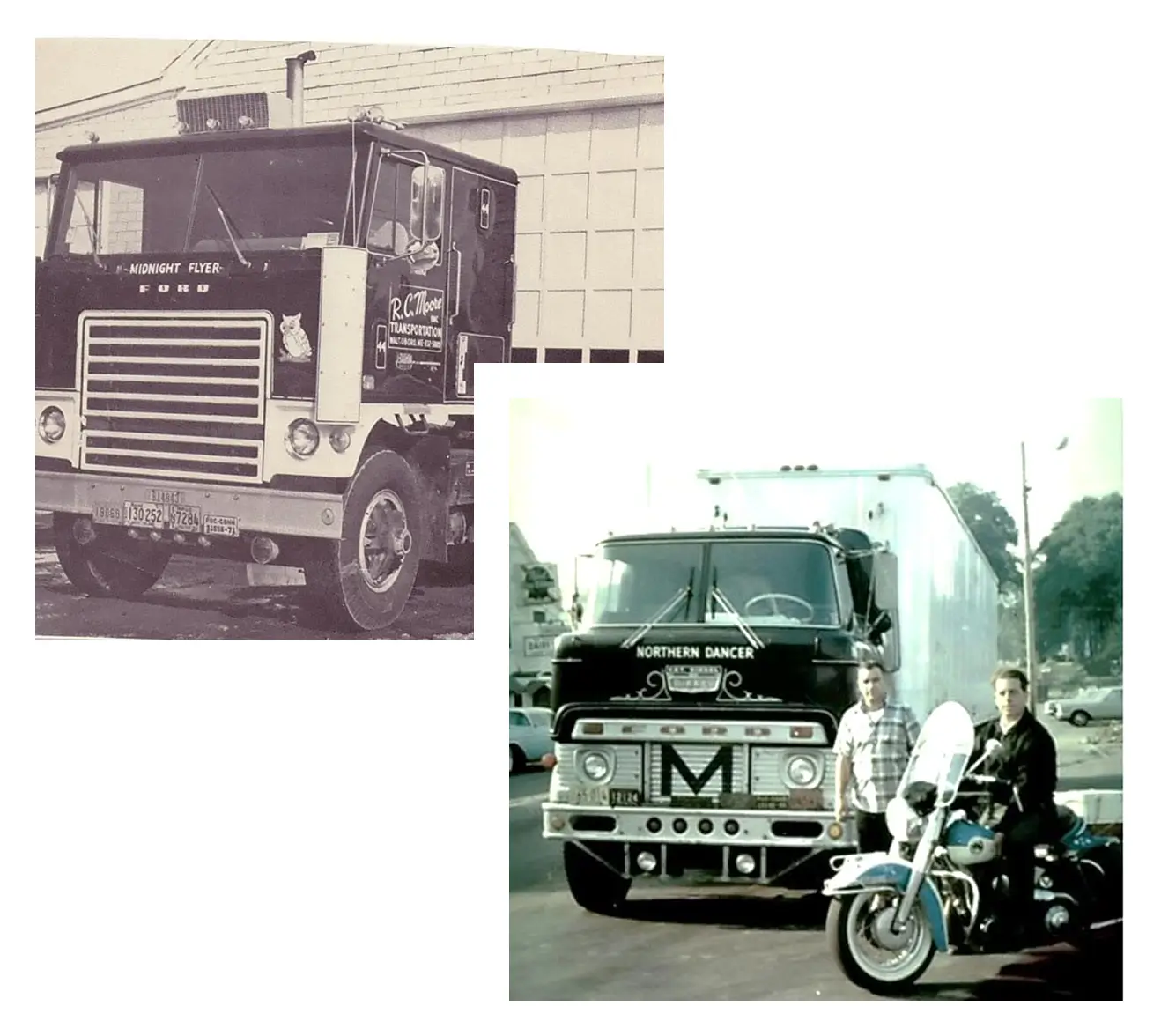 Two vintage trucks, one labeled Midnight Flyer and the other Northern Dancer, with a man and a police motorcycle in front of the second truck.