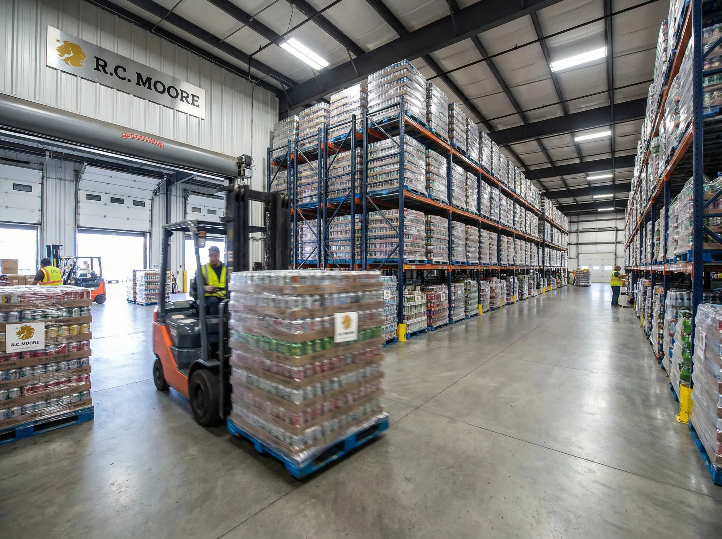 Beverage warehousing and logistics operations at R.C. Moore facility with palletized freight